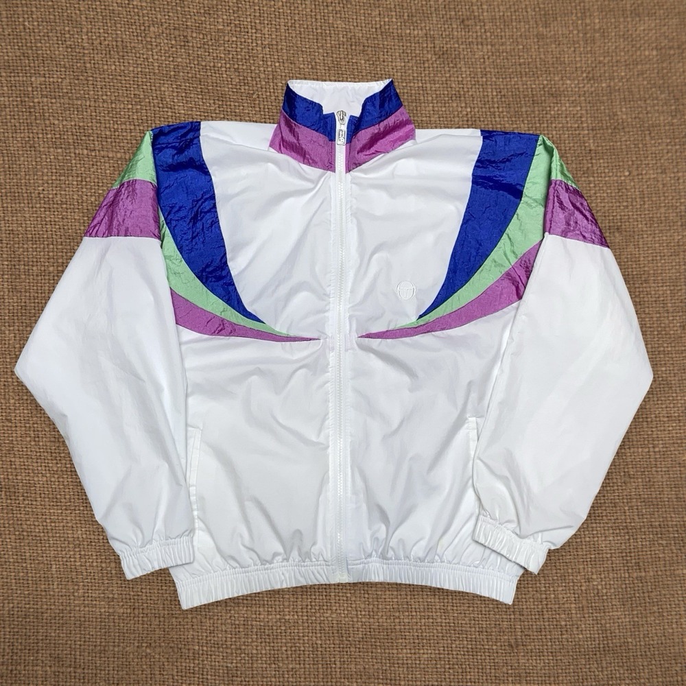 Sergio Tacchini Vintage 80s Track Jacket Windbreaker White Colorblock Size 8